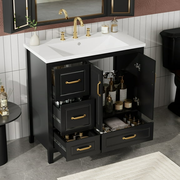 Euroco 36-Inch Freestanding Bathroom Vanity with Resin Sink, Soft-Close Drawers and Cabinet, Gold Handles, Open-Back Design