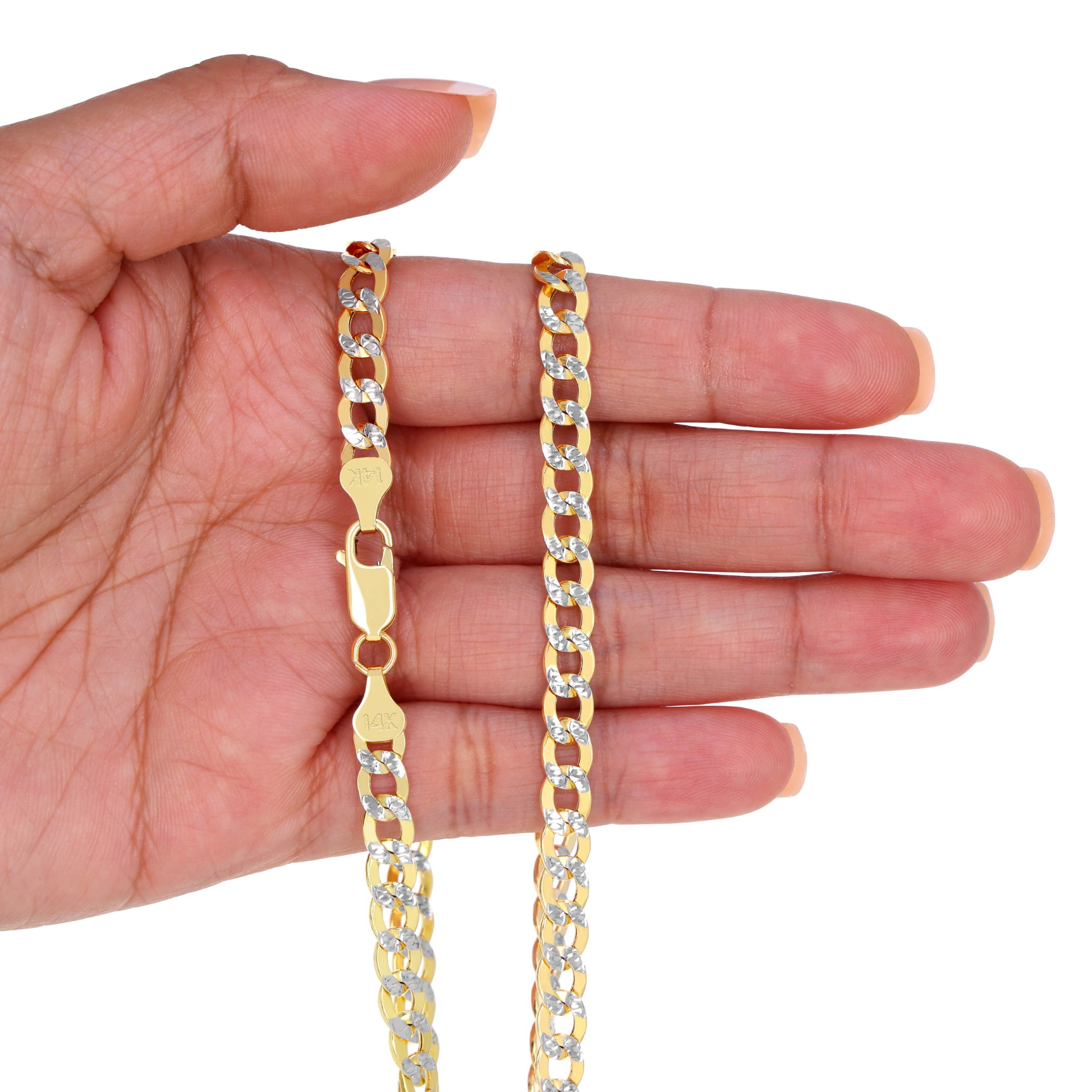 Nuragold 14k Real Yellow Gold Cuban Curb Link 6.5mm Diamond Cut Pave Chain Bracelet (7"-9") Two Tone Italian Jewelry for Men