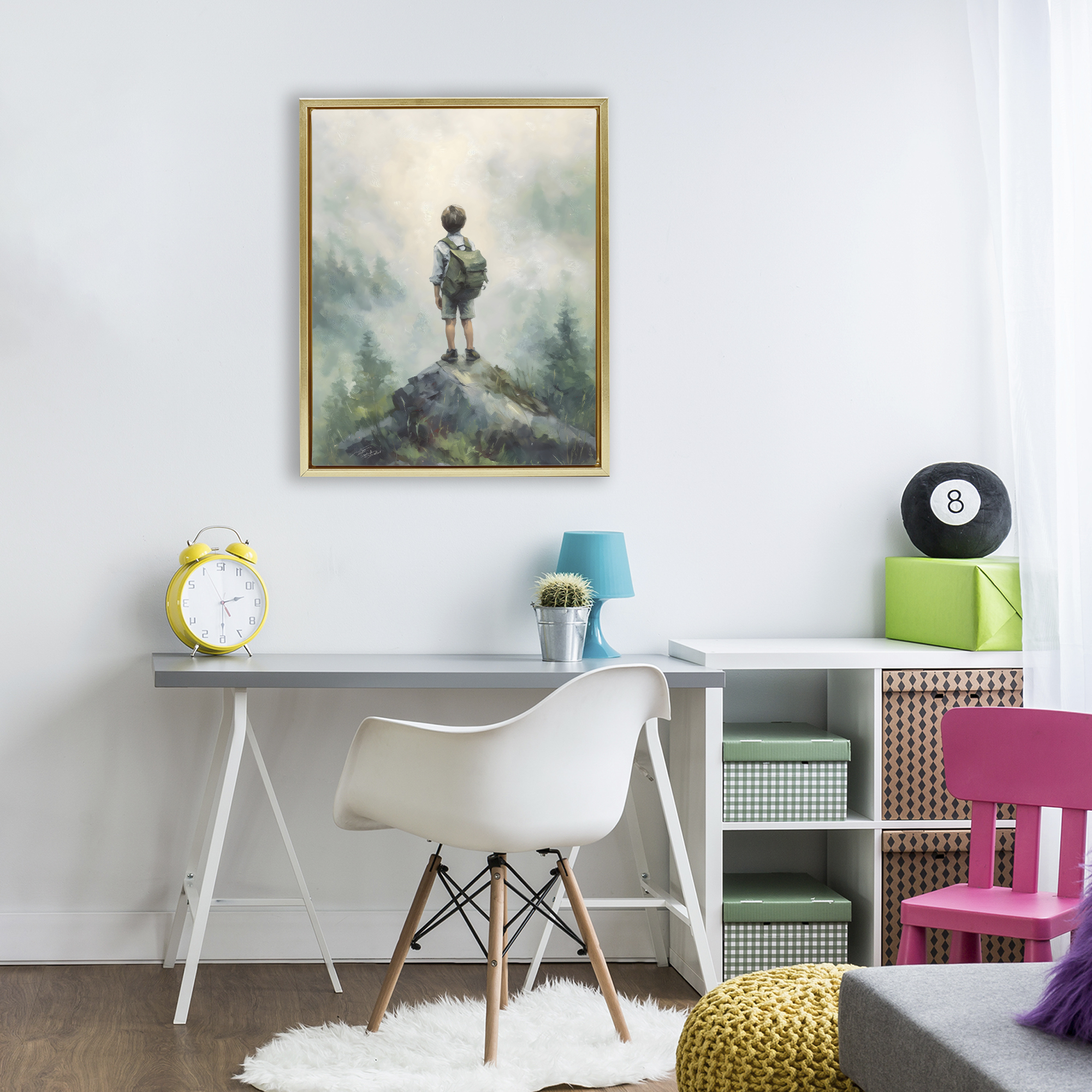 Boy Adventurer Atop Mountain Gold Framed Floater Canvas Wall Art, design by Arlington Prints