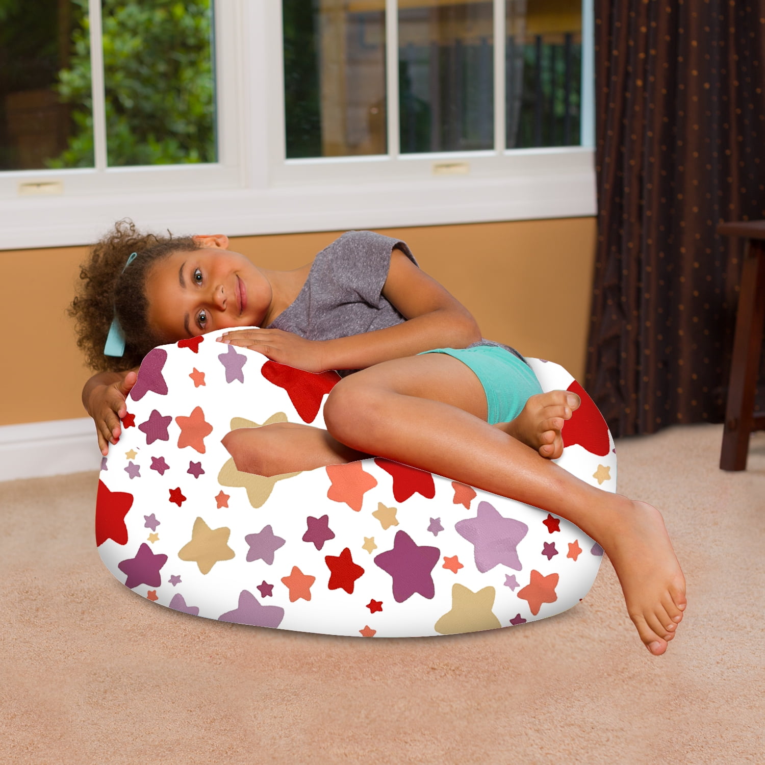 Posh Creations Bean Bag Chair, Kids, 2.25 ft, Canvas Stars Pink and Purple