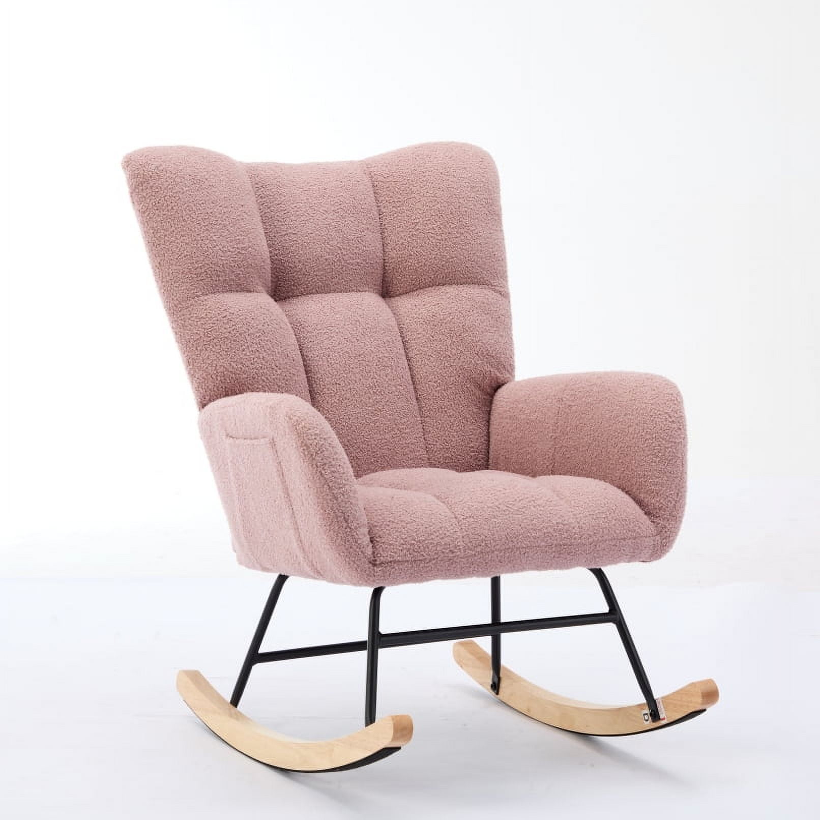 BISHE Modern Nursery Rocking Chair Upholstered Glider Chair with High Backrest Rocker Accent Armchair with Solid Wood Legs for Nursery Bedroom Living Room Teddy, Pink
