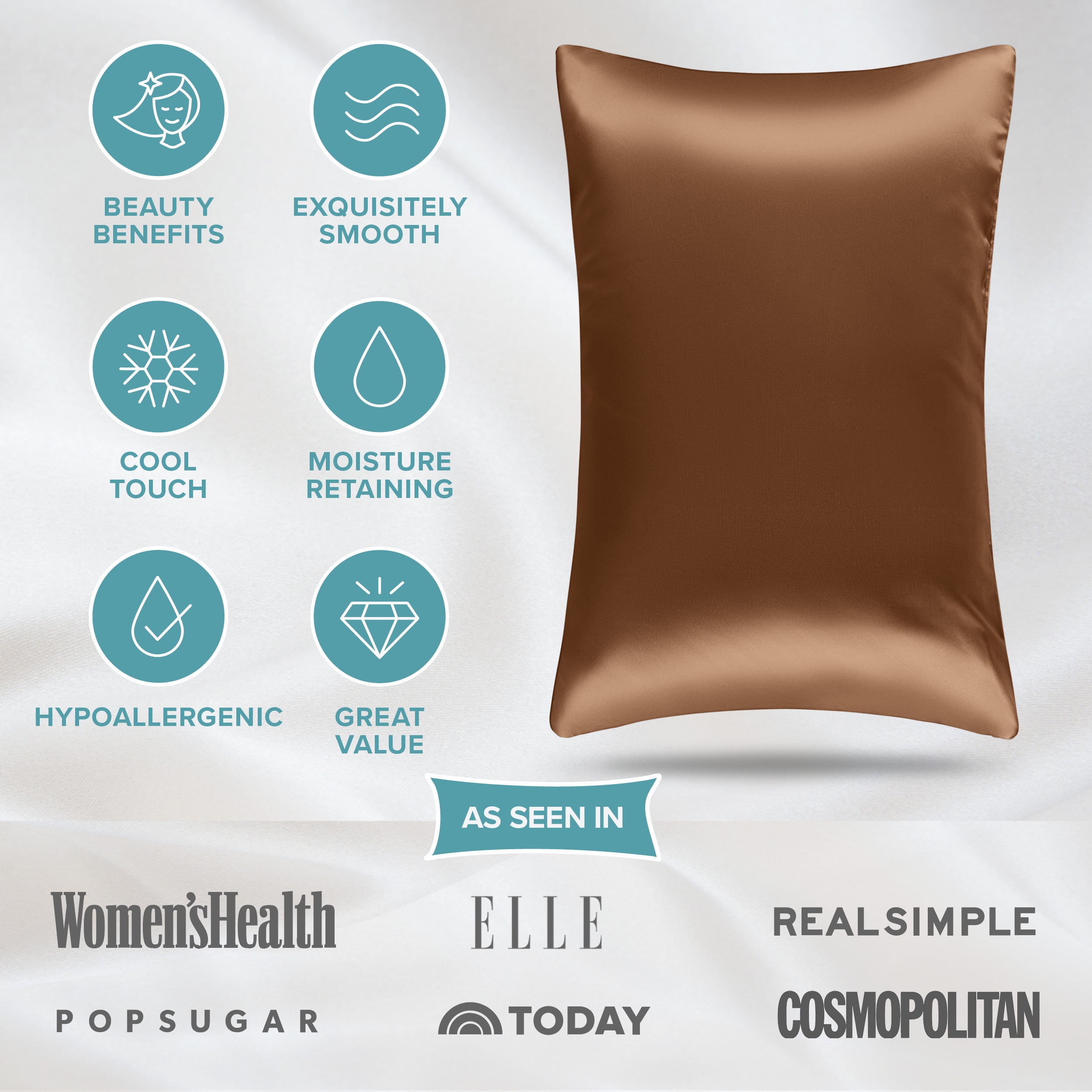 Bare Home 100% Mulberry Silk Zipper Pillowcase - Perfect for Hair and Skin - Premium 6A Grade, 19 Momme Silk - King, Cocoa