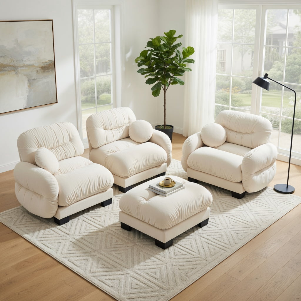 Hommoo Chenille 2-Seater L-Shaped Modular Sectional Sofa with Ottoman, Ergonomic High-Density Foam Cushions, Curved Armrests & Pleated Back Design, Includes 2 Round Throw Pillows, Beige