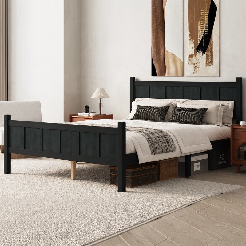 Queen Size Farmhouse Platform Bed with Flat Panel Designed Headboard & Footboard, Minimalist Wood Bed Frame with Under-Bed Storage