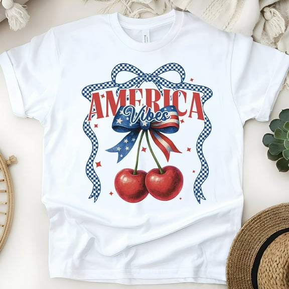 America Vibes Cherry T-Shirt | Cute Patriotic Fruit Graphic Tee, White, Size S