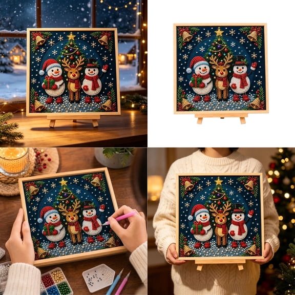 Christmas Pearl Diamond Painting Art Kits for Adults with Frame DIY Snowman Deer Pearl Handmade Art Craft Kit for Beginnners Holiday Party Home Decor Wall Art for Gift