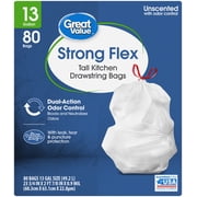 Great Value 13 Gallon Drawstring Kitchen Wastebasket Liners, White, Unscented, 80 Count