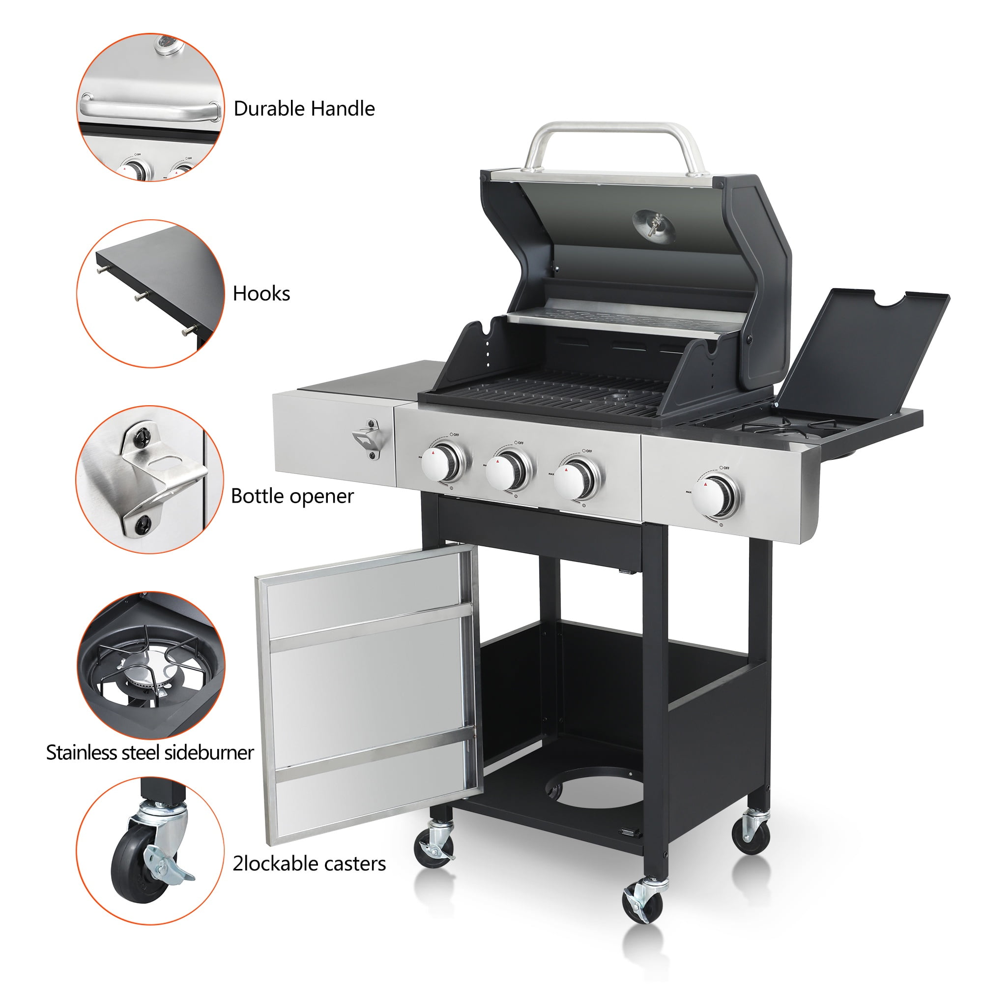 Sumdeal 3-Burner Gas Grill with Side Burner - Stainless Steel BBQ Grill with Wheels, Foldable Side Table, Thermometer, Powerful 37230 BTU, for Backyard, Patio, Outdoor Cooking