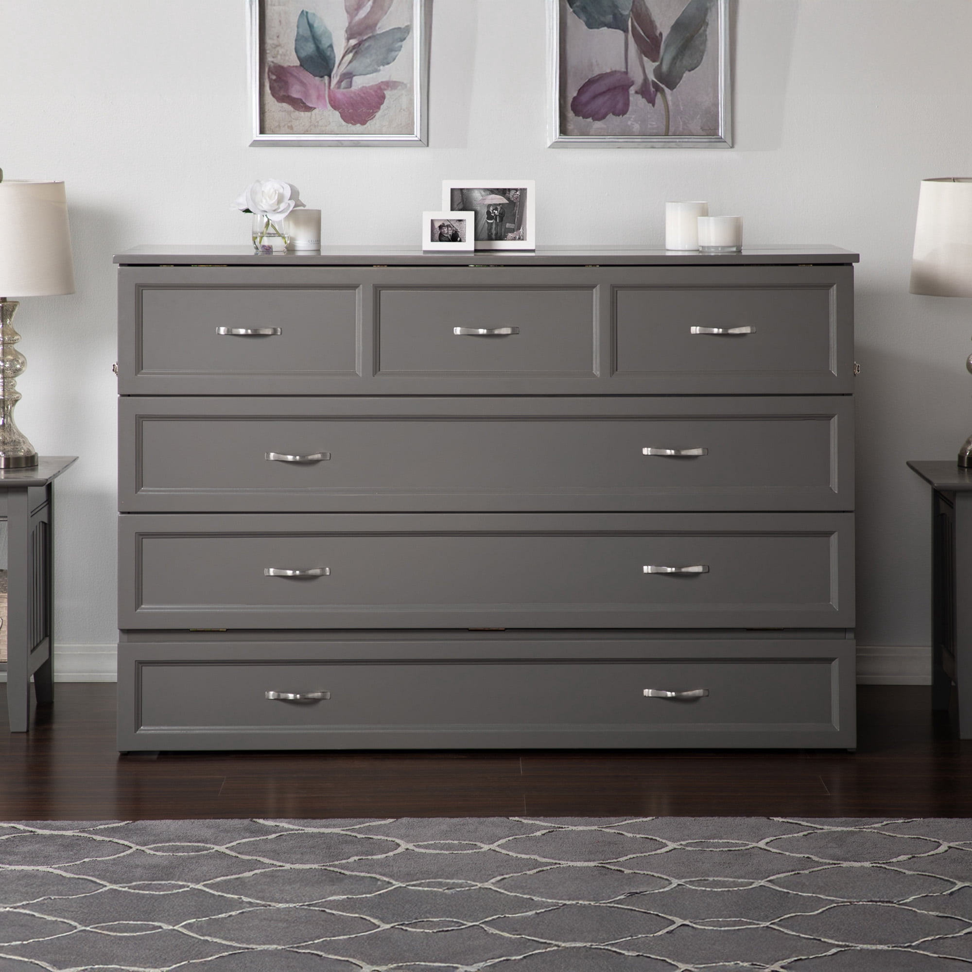 AFI Deerfield Queen Solid Wood Murphy Bed Chest with Mattress, Drawer & Charger in Gray