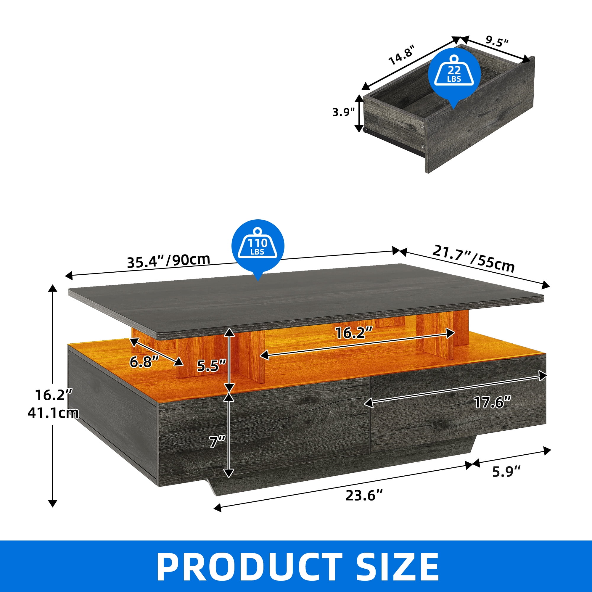 Uforic LED Coffee Table, Modern Center Tables with Storage for Living Room, Gray