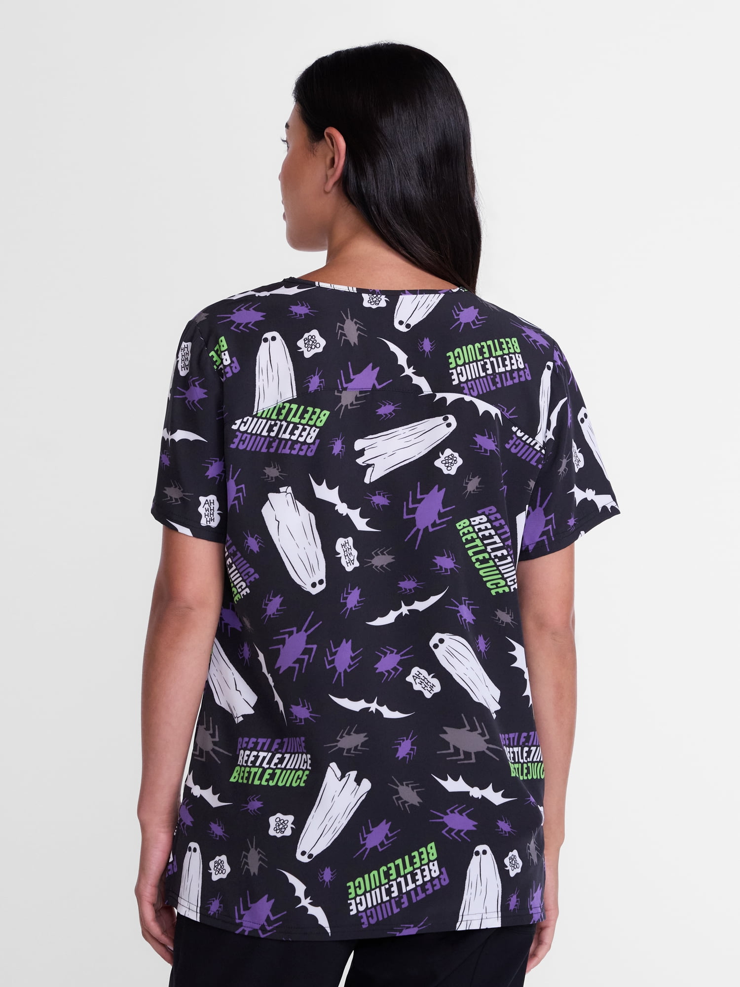 Beetlejuice Women's Halloween Scrub Top with Short Sleeves, Sizes S-XXXL