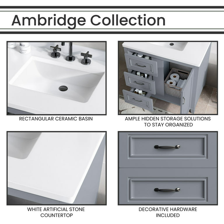 Hanover Ambridge 36 Vanity Cabinet With Sink Combo For Bathroom Powder Room Pre Assembled Accent Mirror Artificial Stone Countertop Gray Hanvn0104 0gr Com