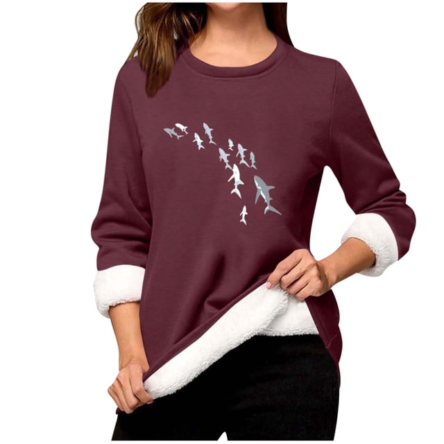 Haut en Polaire d'Hiver pour Femmes, Chemise à Manches Longues Imprimée Col Rond, Couche de Base Chaude en Polaire Douce pour Tenue Décontractée