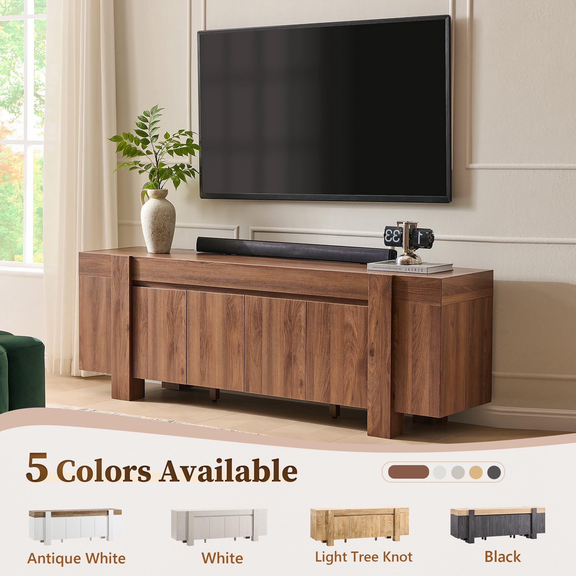 KeyWhat TV Stand for TVs Up to 80", Modern Farmhouse Entertainment Center with Storage Cabinet, Media Console Table for Living Room, Light Walnut