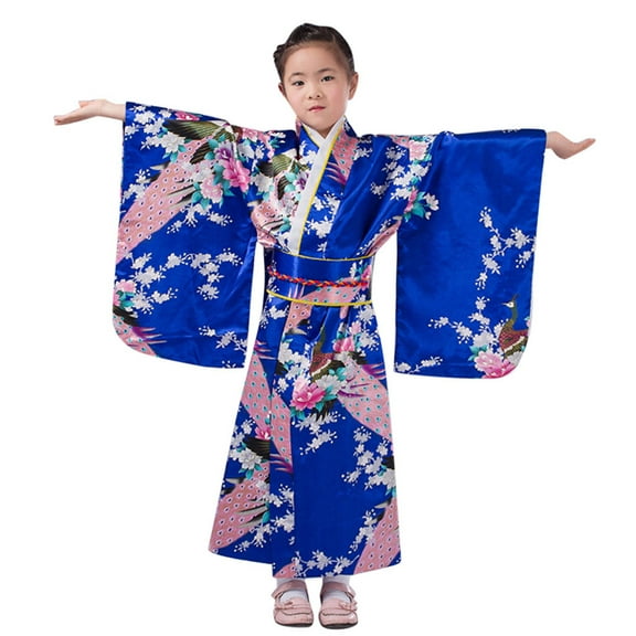 Girls Dresses Kids Girl's Japanese Traditional Robe Kimono Dress Clothes Dress for Girls Blue 6 Years-7 Years