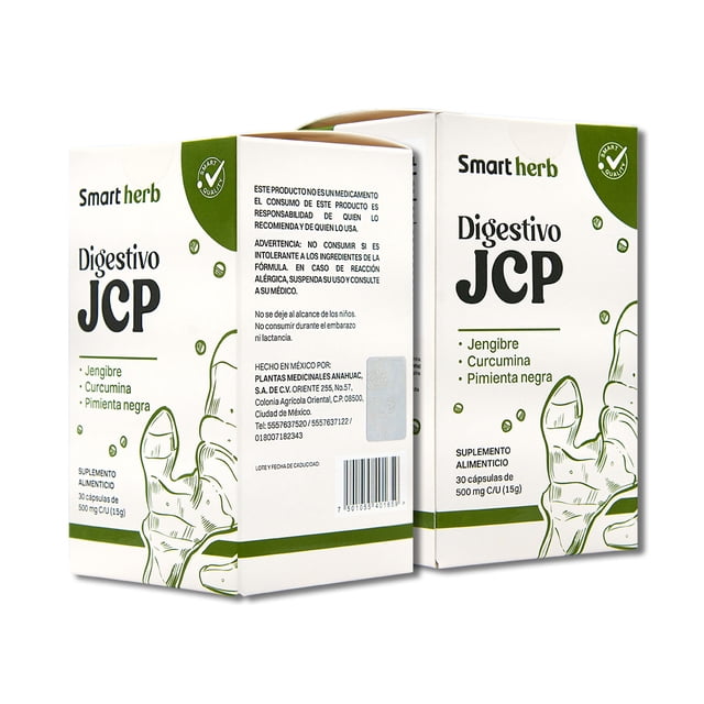 Smart Herb Paquete Digestivo JCP, Suplemento Alimenticio, 2 Piezas (30 Cápsulas c/u) con Jengibre, Curcumina y Pimienta Negra para Apoyo Digestivo y Antioxidante