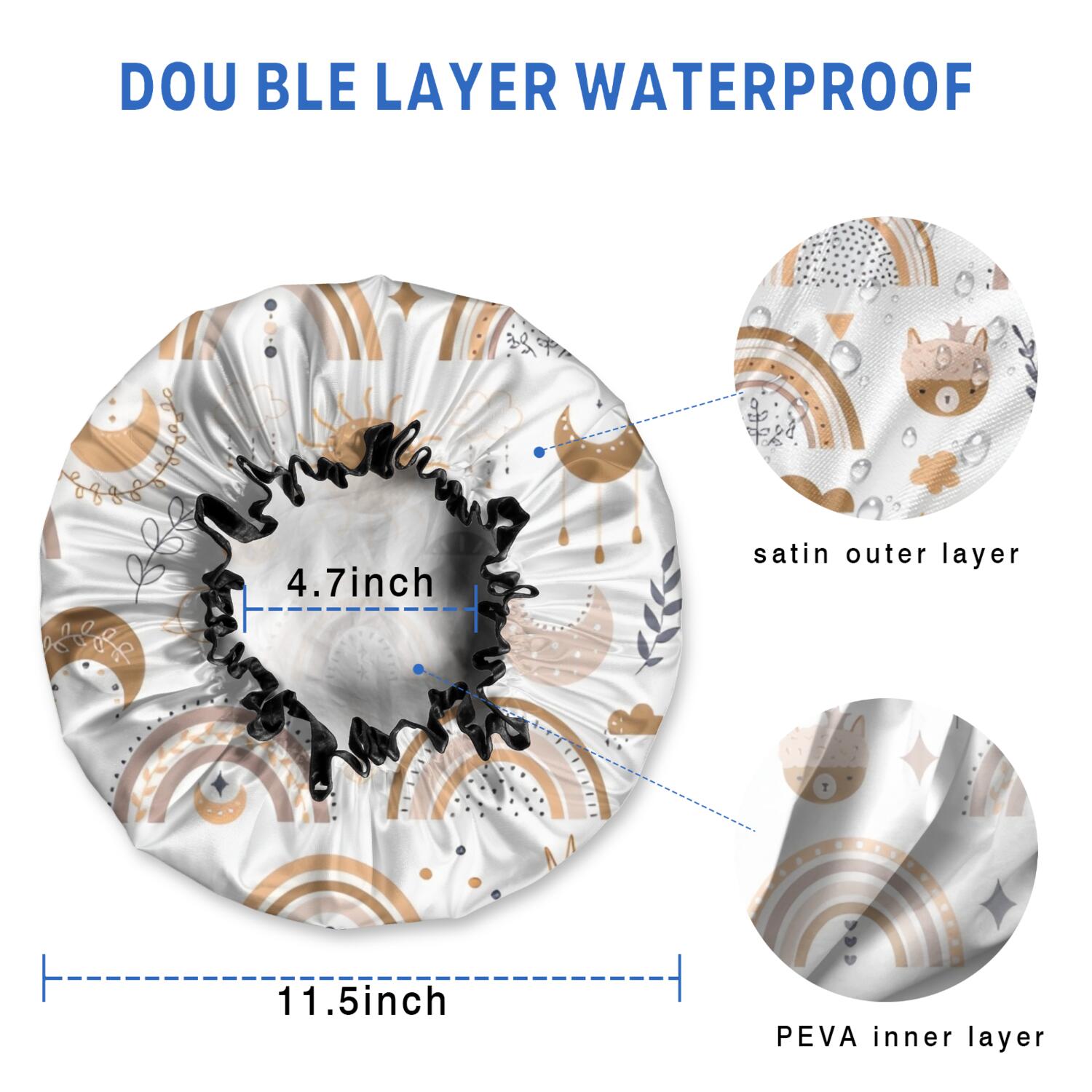 Shower Caps,White Boho Bohemia Rainbow Sun Moon Pattern Waterproof Shower Cap for Women 4 Pieces,Double Reusable Hair Cover for Shower PEVA Elastic Stretch Hem