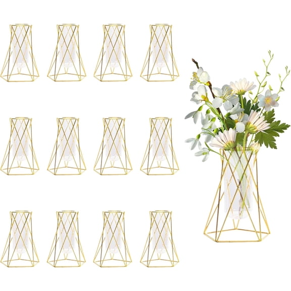 12 Pcs Gold Geometric Vase for Centerpieces, Glass Vase with Metal Flower Stand Hydroponic Plant Test Tube Modern Vases for Wedding Home Decor（6.3 Inch）