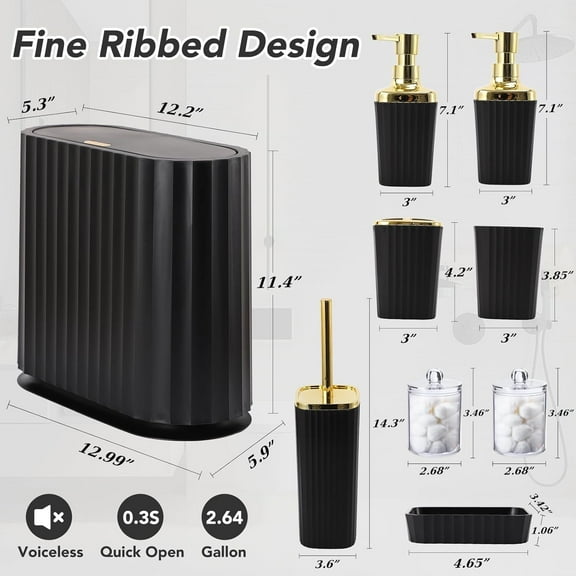 Black Bathroom Accessories Set 9PCS, Slim Narrow Trash Can with Press Lid, Toilet Brush, Soap Dispenser, Toothbrush Holder for Kitchen & Bath
