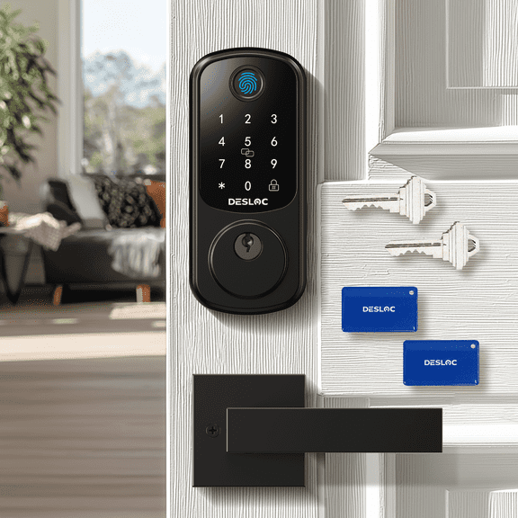 DESLOC B200 Fingerprint Smart Door Lock with 2 Lever Handles, App Control, Smart Locks for Front Door, Deadbolt Smart Lock, Electronic Keypad Deadbolt Lock, Emergency Power Port, 12 Months Battery