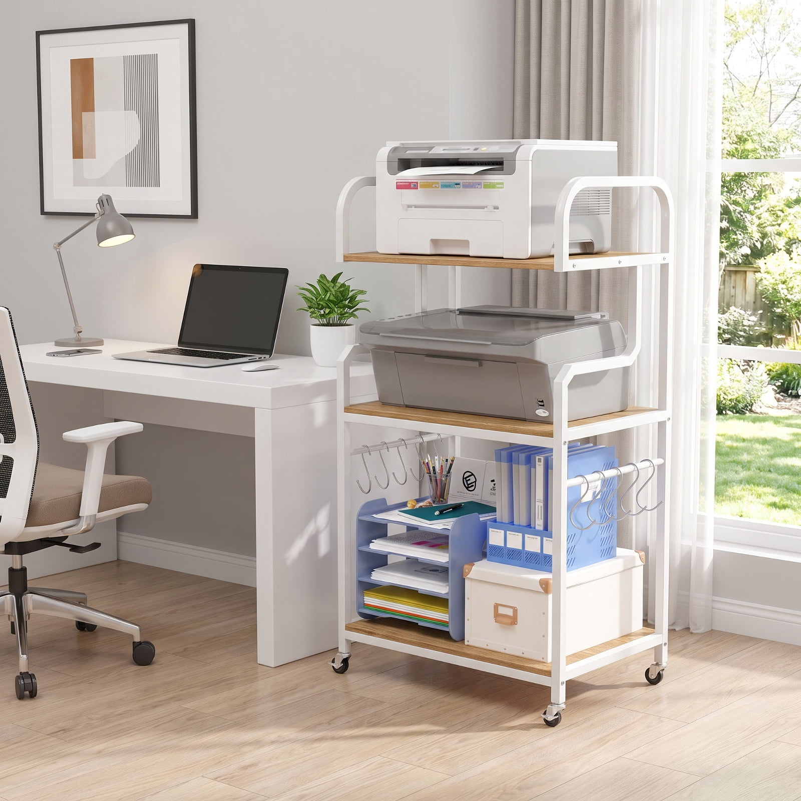 Furnibear 3-Tier Rolling Printer Stand Home Office Large Printer Cart with Storage Shelves for Home Office Printer Machine Under Desk Storage, Natural