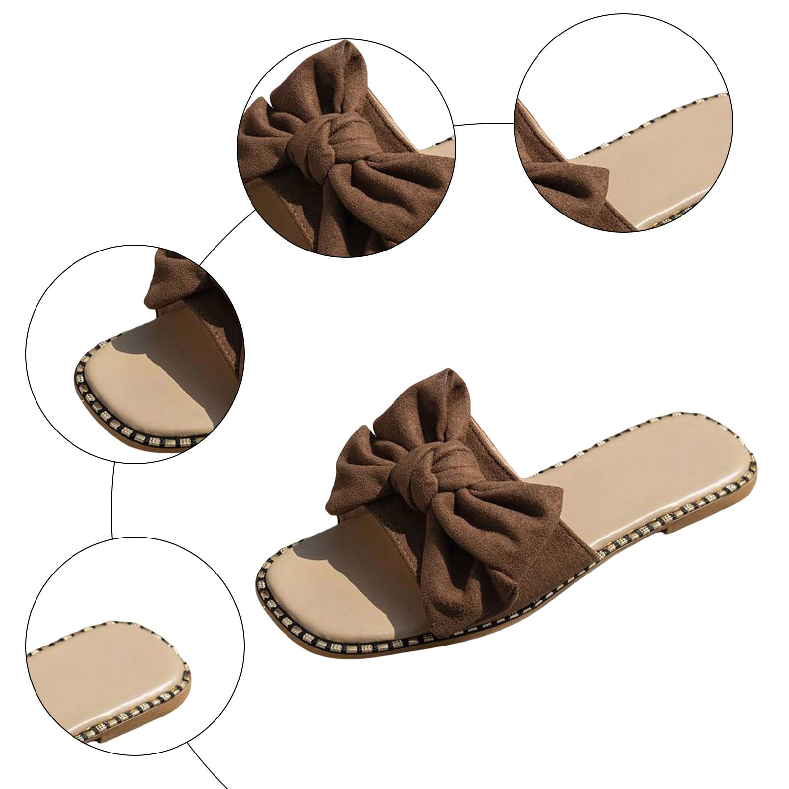 Rokment Flat Slip on Slides Sandals for Women Ladies 2026 Trendy Casual Bow Crochet Open Tow Low Heels Mules Summer Dress Slippers Vacation Brown Size 6