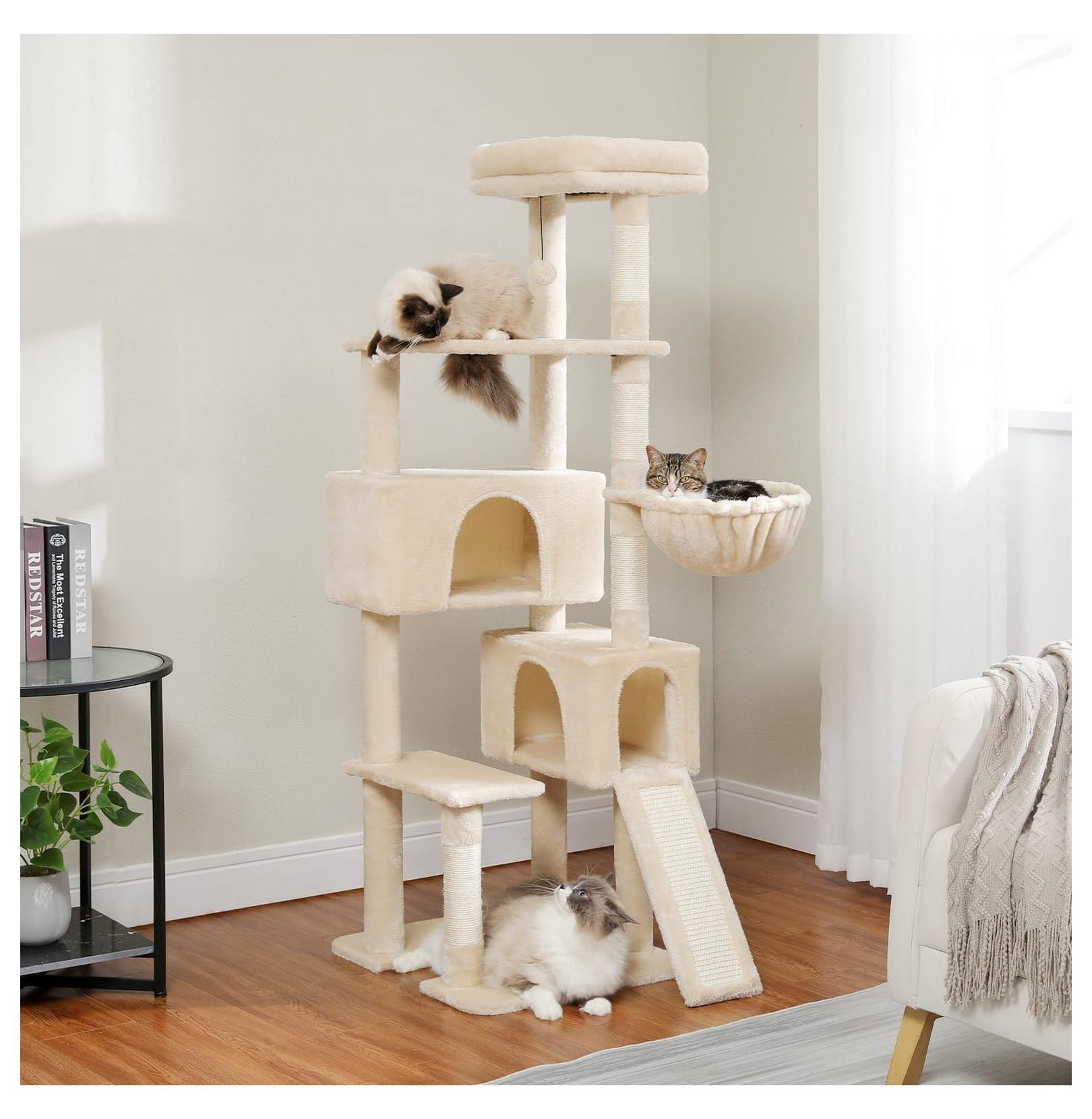 60'' Cat Tree Tower, Large Cat Condo with Scratching Posts, Cozy Hammock, Beige Indoor Cat Climbing Tower for Adult Cats
