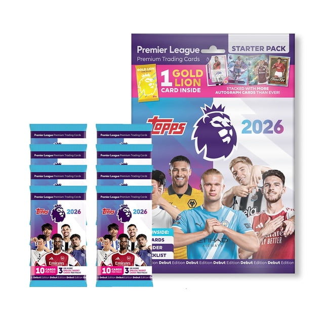 2025-26 Topps Premier League Debut Edition Cards - Starter Pack & 8-Pack Set (Album, 290 Cards + Gold Lion Card)