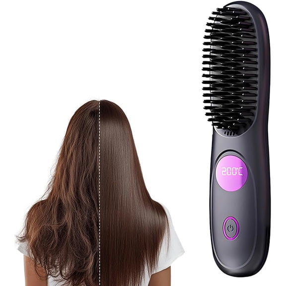 SHIORLAM Go Brush Pro, Cordless Hair Straightener Brush, Portable Mini Hair Straightening Brush with 3 Temperature Settings & LED Display, USB Rechargeable Fast Heating Hairs Brush for Travel (Black)