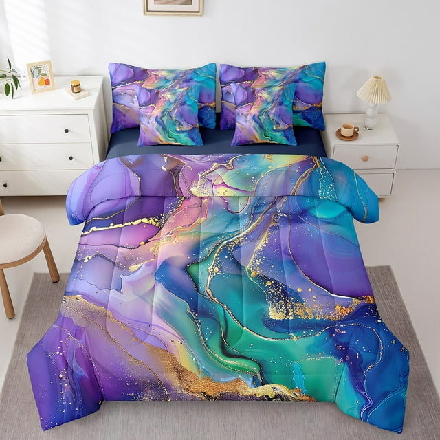 Navy Blue Marble Full Comforter Set 7-Piece Watercolor Aesthetic Bedding Comforter Sets, Abstract Marbling Bed in a Bag Stone Pattern Bedding Set, Gold Metallic Bed Sheets Set Girls Bedroom Decor