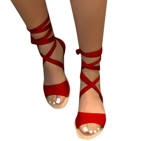

Fashion Women Strappy Sandals Flat Solid Color Lace Up Summer Beach Casual Shoes