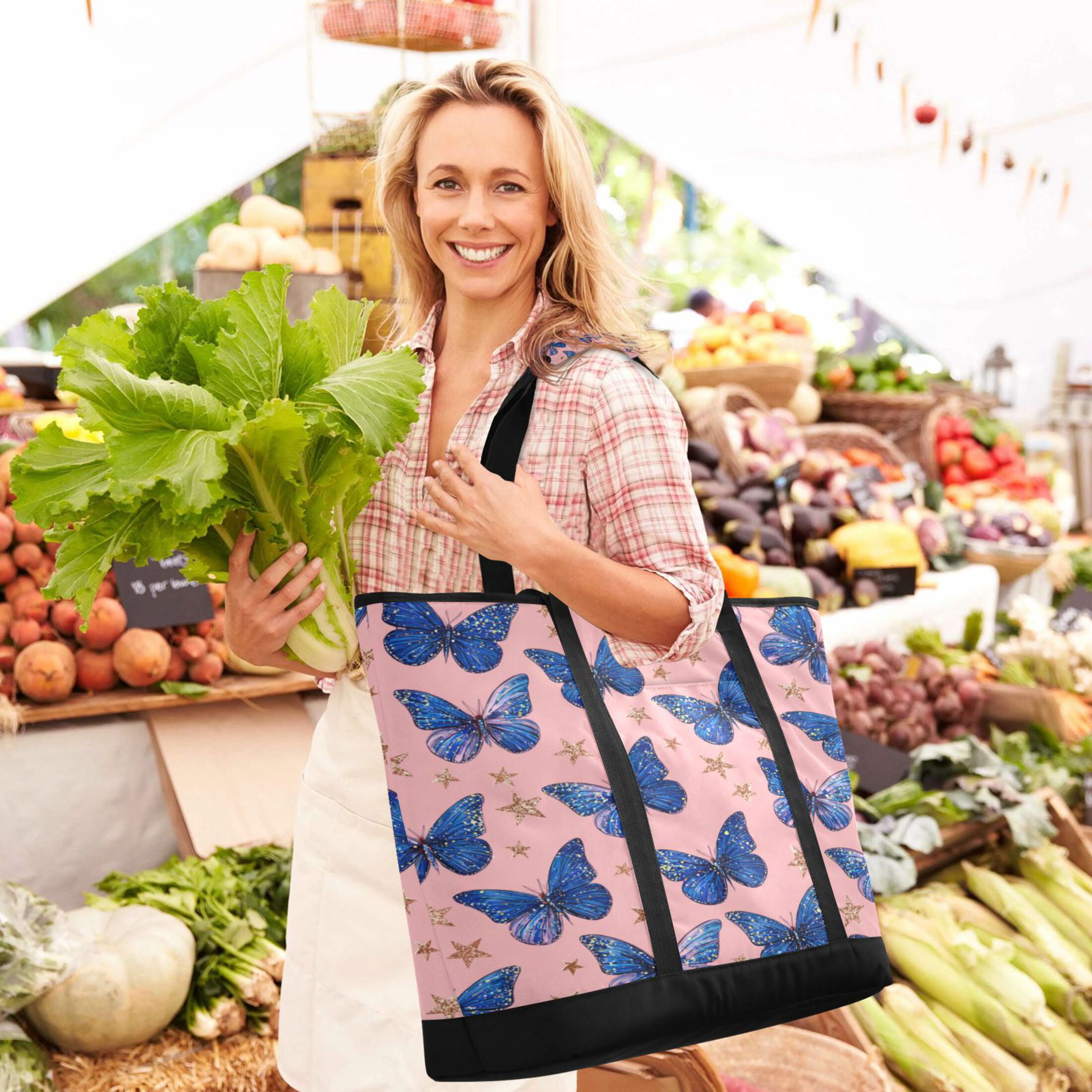 Extra-Large Wide Opening Design Capacity Hand-Held Ice Pack Thickened Insulation Layer For Long-Lasting Cold Retention For Outdoor Shopping Picnics And Camping Blue-purple Swallowtail Butterfly