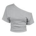 thumbnail image 2 of Glisme Shirts for Women Solid Color Short Sleeve Asymmetrical Off One Shoulder Crop Tees Summer Soft Women Tops Size 2XL Grey, 2 of 2