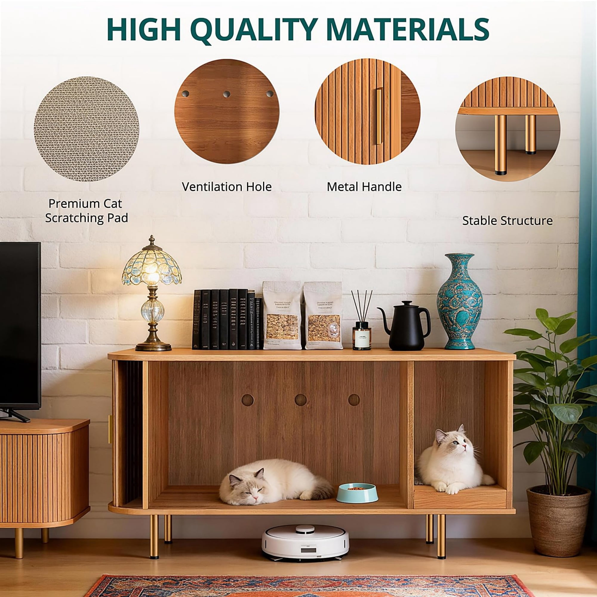 Cat Litter Box Enclosure Furniture with Sliding Door, Hidden Cat House Cabinet with Scratch Pad, Modern TV Stand Side Table, Yellow