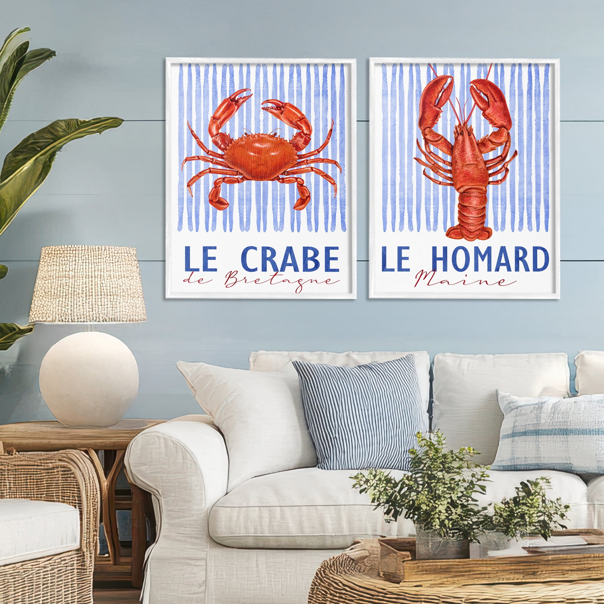 Stupell Industries Nautical Stripes Sea Creatures 2 Piece White Framed Giclee Art Set, design by Kim Allen