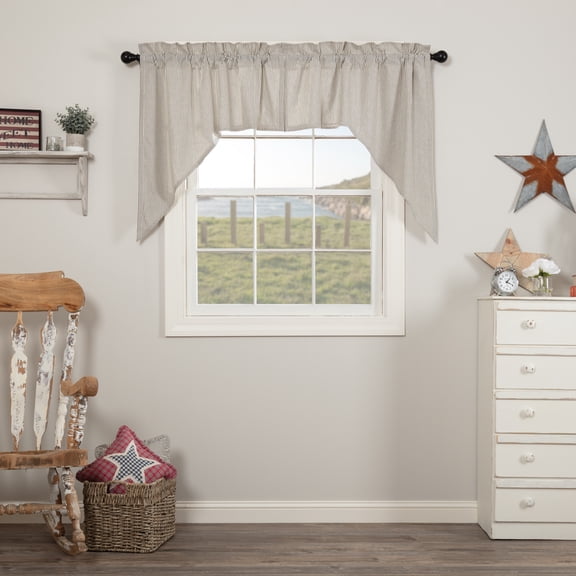 VHC Brands Hatteras Seersucker Ticking Striped Cotton Americana Kitchen Curtains Rod Pocket Hanging Loops Swag Pair, 36x36x16, Denim Blue