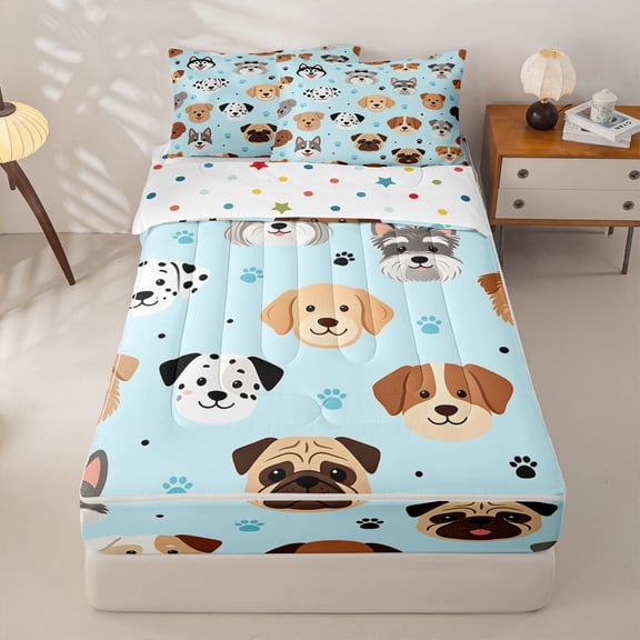 Homewish Kawaii Pet Dog Zipper Twin Comforter Sets with Fitted Sheet and 2 Pillowcases,Cute Animal Al Zipper Bedding Set,Blue,Polkadot Reversible,4pcs