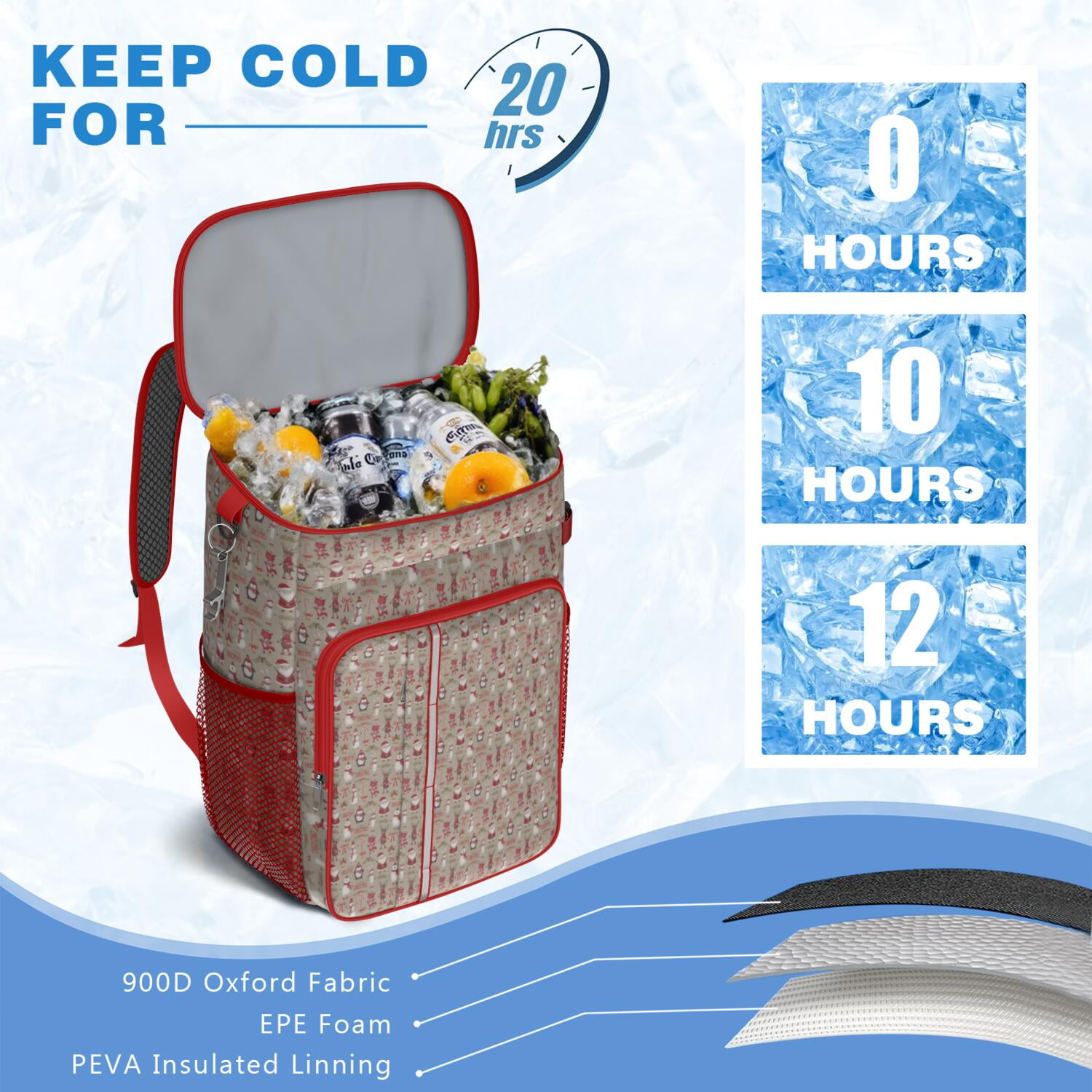 Travel Cooler Bag - Beige Christmas Character Pattern Camping Beer Cooler Backpack with Bottle Opener- Waterproof Insulated Picnic Backpacks - Cooler Bag for Beach