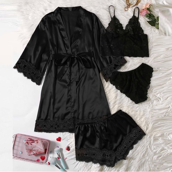 TopLLC Pajama Sets Lounge Sets for Women ,Women'S Sleepwear Women Plus Size Sexy Lingerie Silk Robe Satin Bathrobe Four-piece Set Sleepwear Pajamas Robes