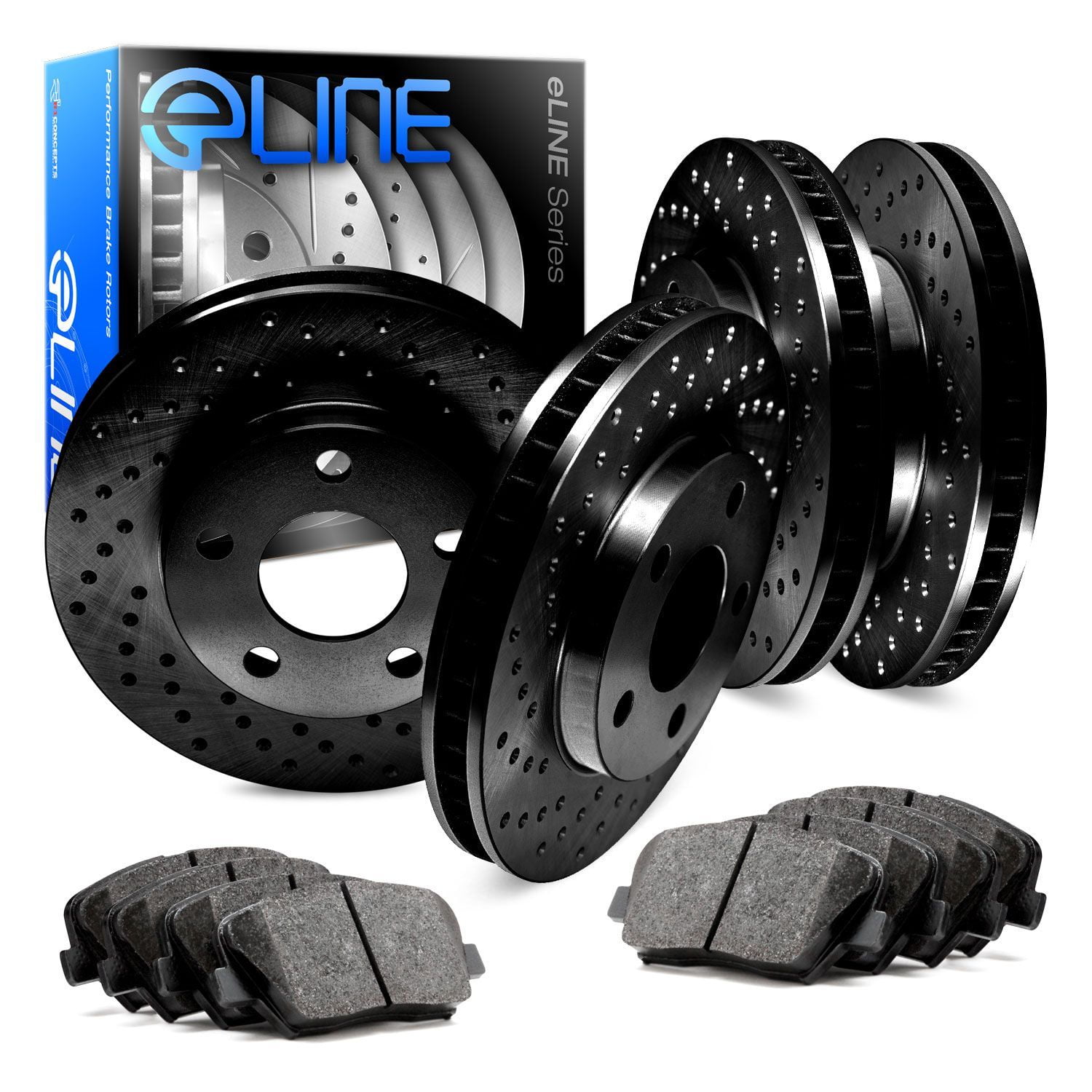 8 Ceramic Pads High-End Front+Rear Kit Fits:- Vibe Matrix 5lug 4 Black Coated Cross-Drilled Disc Brake Rotors