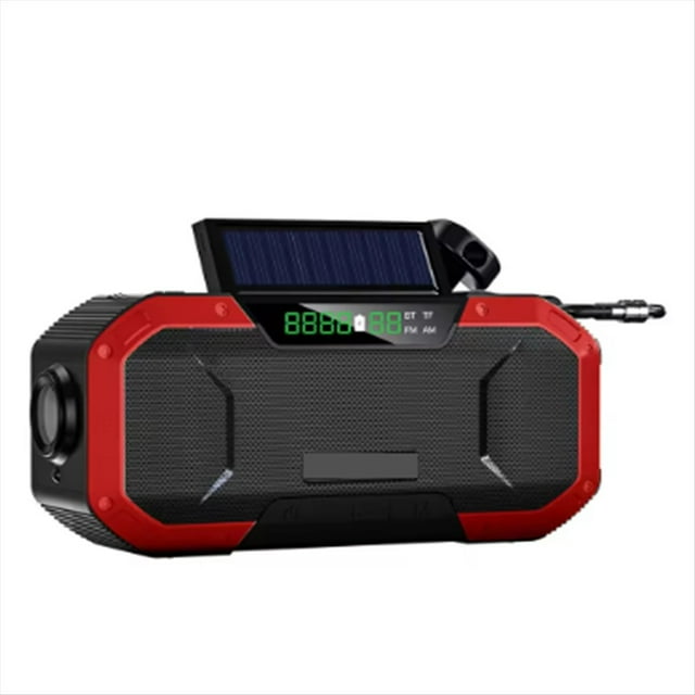 Radio Solar con Manivela, Altavoz Bluetooth, Linterna LED de Emergencia, Batería Externa, Dispositivo de Audio, Color Rojo.