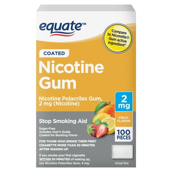 Equate Coated Nicotine Gum 2 mg, Fruit Flavor, Stop Smoking Aid, 100 Count