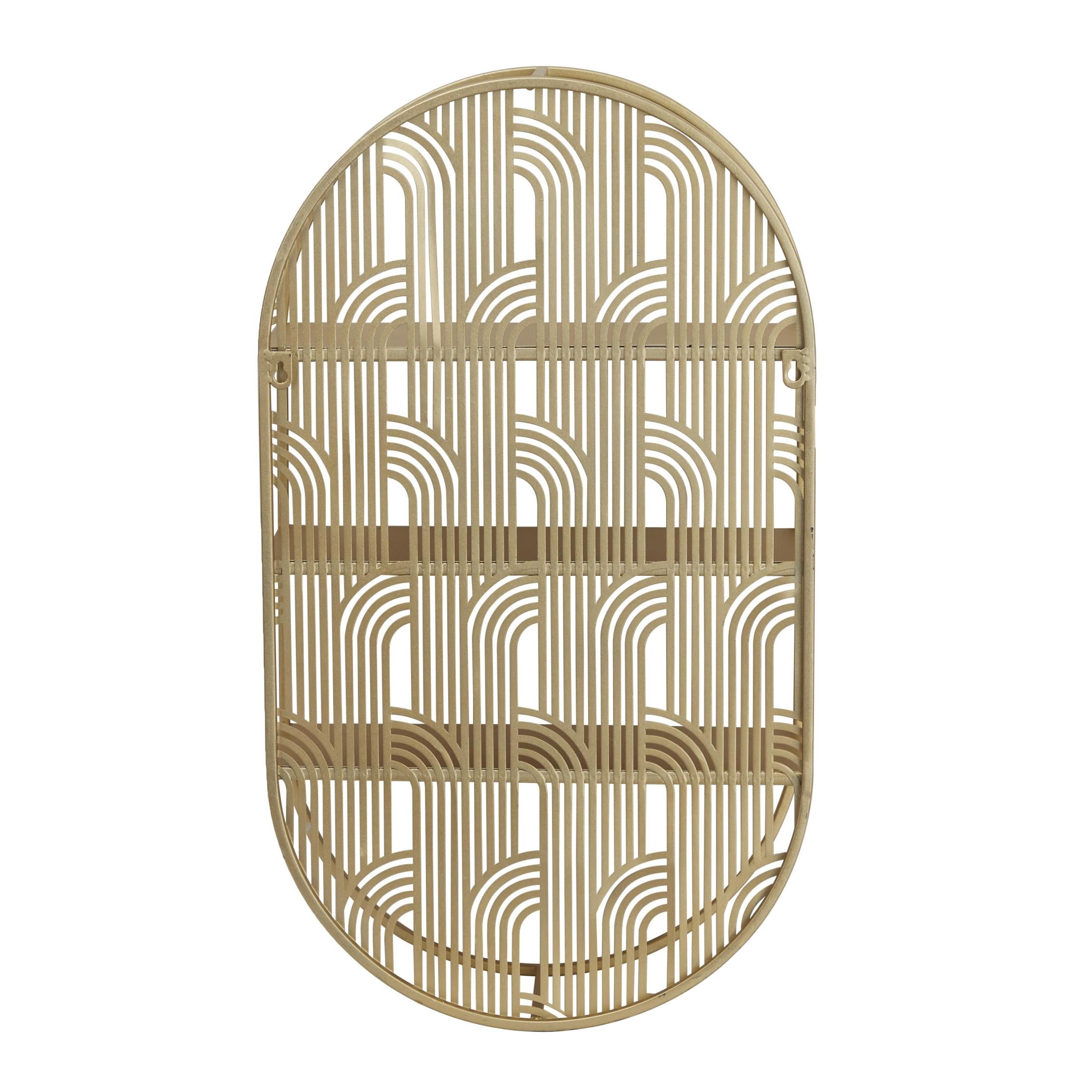 CosmoLiving by Cosmopolitan Glam Metal 3 Tier Oval Wall Shelf with Curved Line Pattern and Gold Polished Finish, 16"W x 28"H