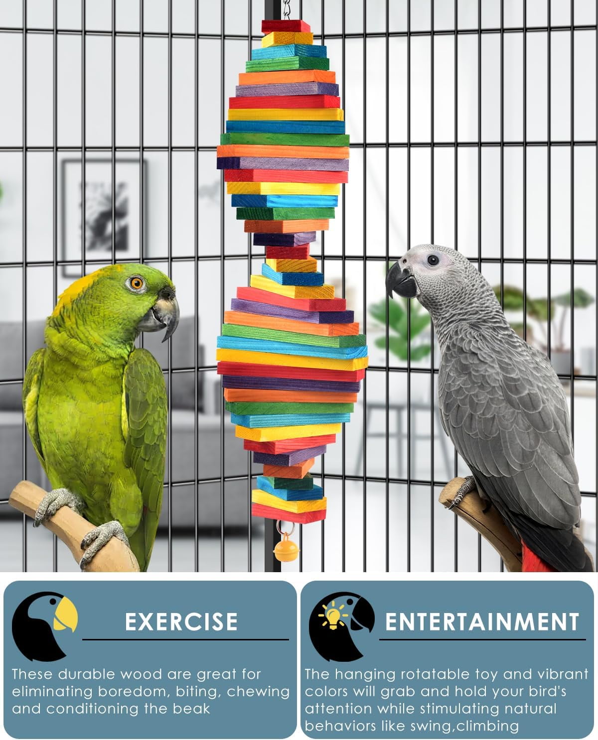 Bird Chew Toys, Multicolored Bagel Cascade Chewing Sticks Biting Wooden Blocks Toy for Parrots