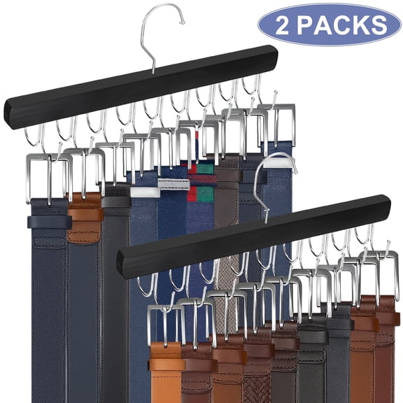 Remiawy Belt Hanger for Closet, 2 Pack Sturdy Wood Belt Organizer with 18 Hooks Tie Belt Rack for Storage Max 54 Belts, Belt Holder Space Saving, Black
