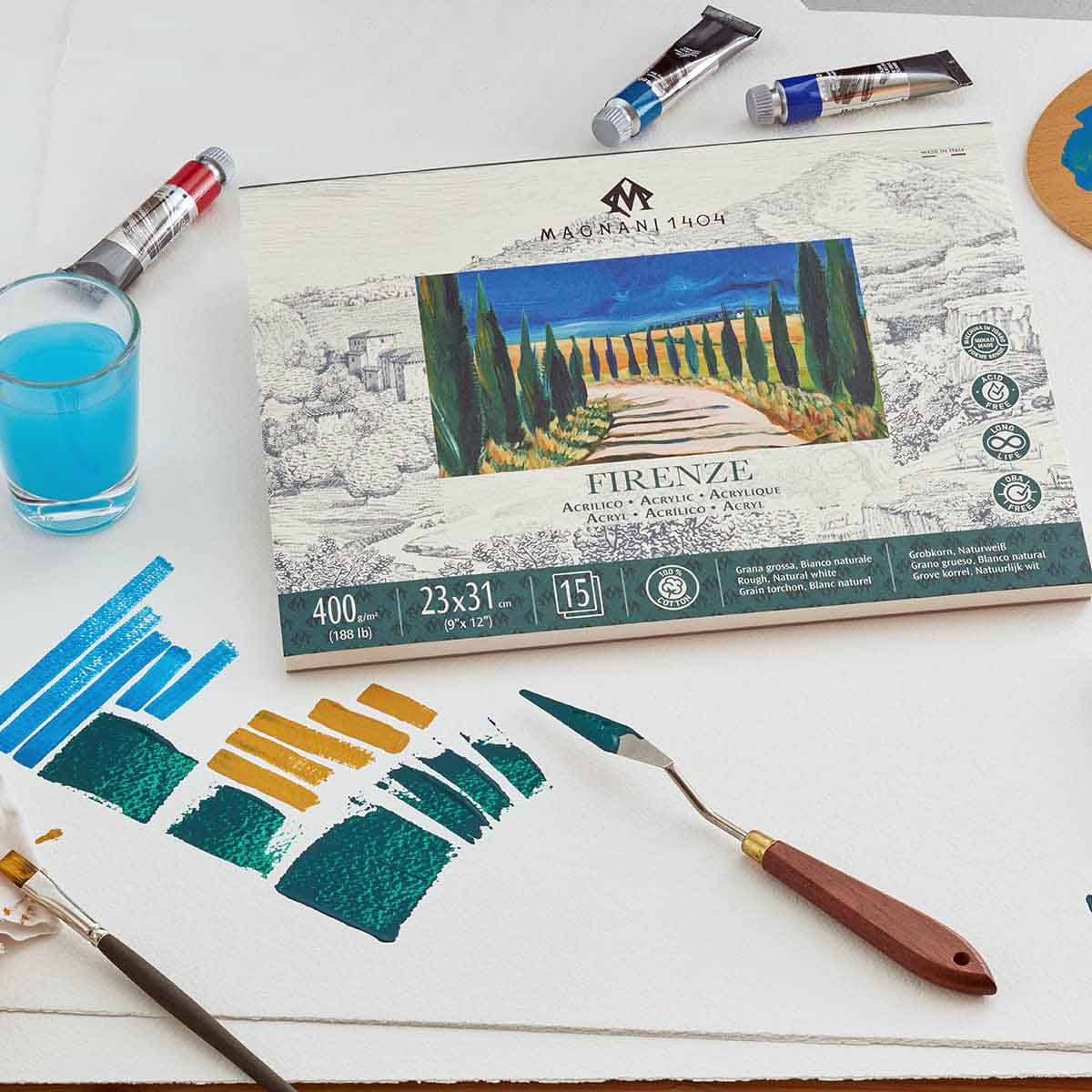 Magnani 1404 Firenze 100% Cotton Acrylic Paint Paper Pad, 188 lb. 15 Heavyweight Sheets, Rough Texture, Vegan Sizing, Natural White Acrylic Paper Pad for Acrylic, Gouache, Ink & Watercolor