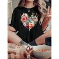 thumbnail image 1 of Women's Floral Heart Graphic Tee - Casual & Comfy Round Neck Short Sleeve, Stretchy Polyester Blend, Machine Washable Summer Top in White, 1 of 6
