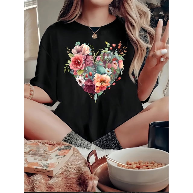 Women's Floral Heart Graphic Tee - Casual & Comfy Round Neck Short Sleeve, Stretchy Polyester Blend, Machine Washable Summer Top in White