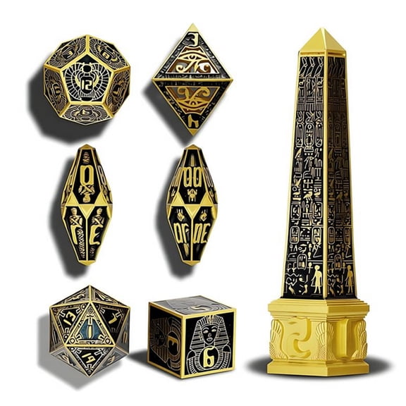 Egyptian Gods Metal DND Dice Set, 7-Piece Polyhedral RPG Dice with Obelisk Display, Heavy Zinc Alloy Dice for Dungeons & Dragons and Tabletop Games(Golden)
