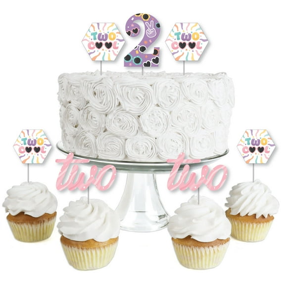 Big Dot of Happiness Two Cool - Girl - Dessert Cupcake Toppers - Pastel 2nd Birthday Party Clear Treat Picks - Set of 24